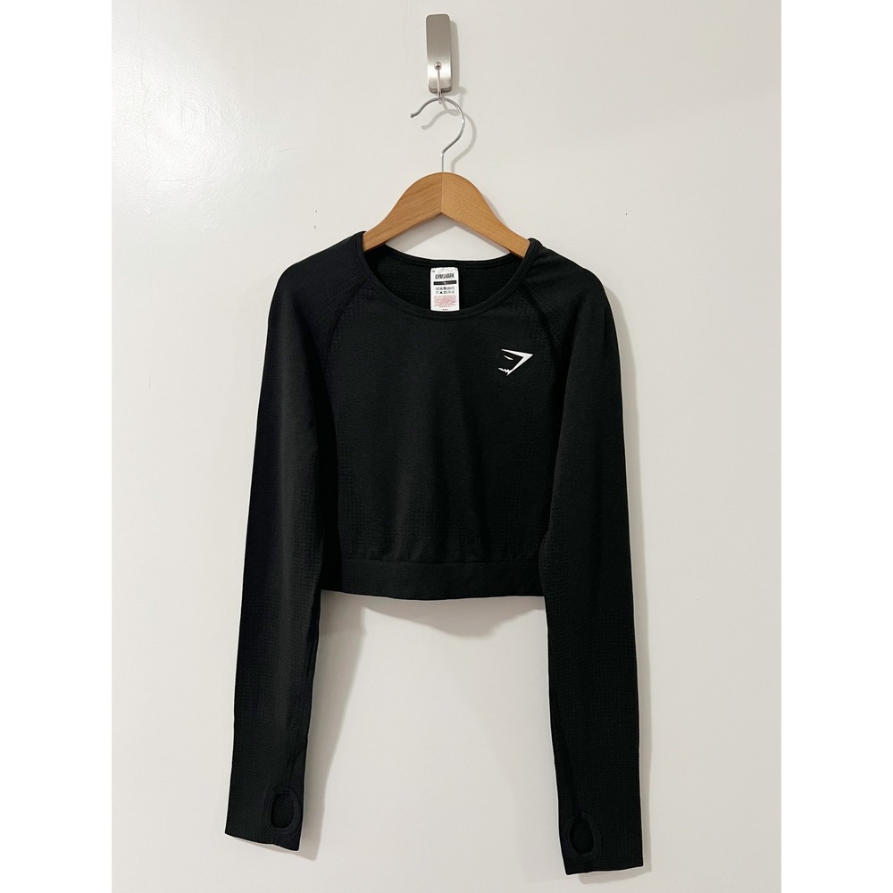 Gymshark Long Sleeve Crop Top Workout Pullover Activewear Thumb Hole Black